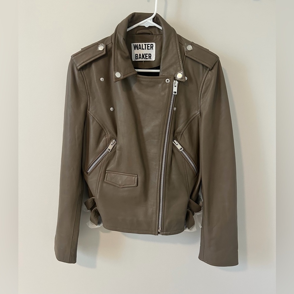 Walter Baker Liz Crop Moto Lamb Leather Jacket Brown Gray Women’s Size M/L